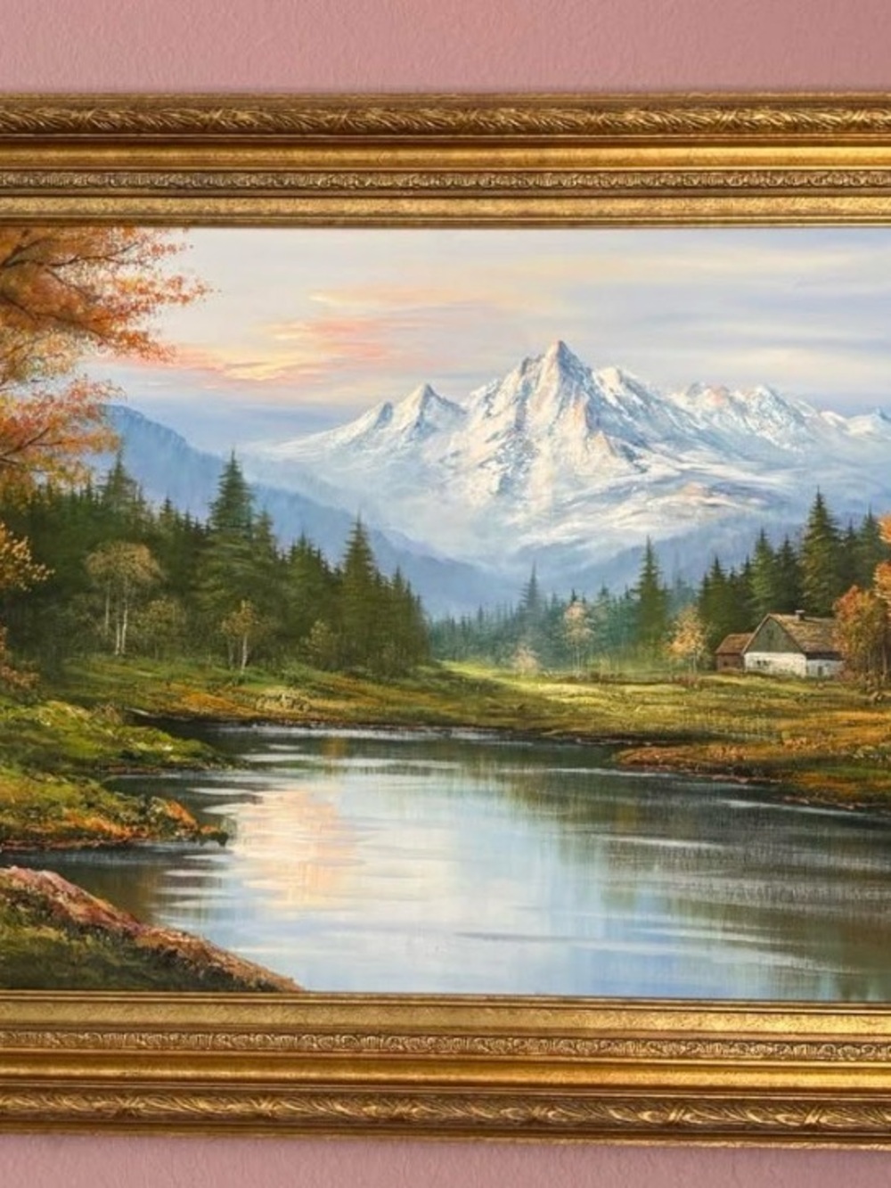 Scenic Mountain Lake Landscape Wall Art - Gold Framed - White/Green
Signed